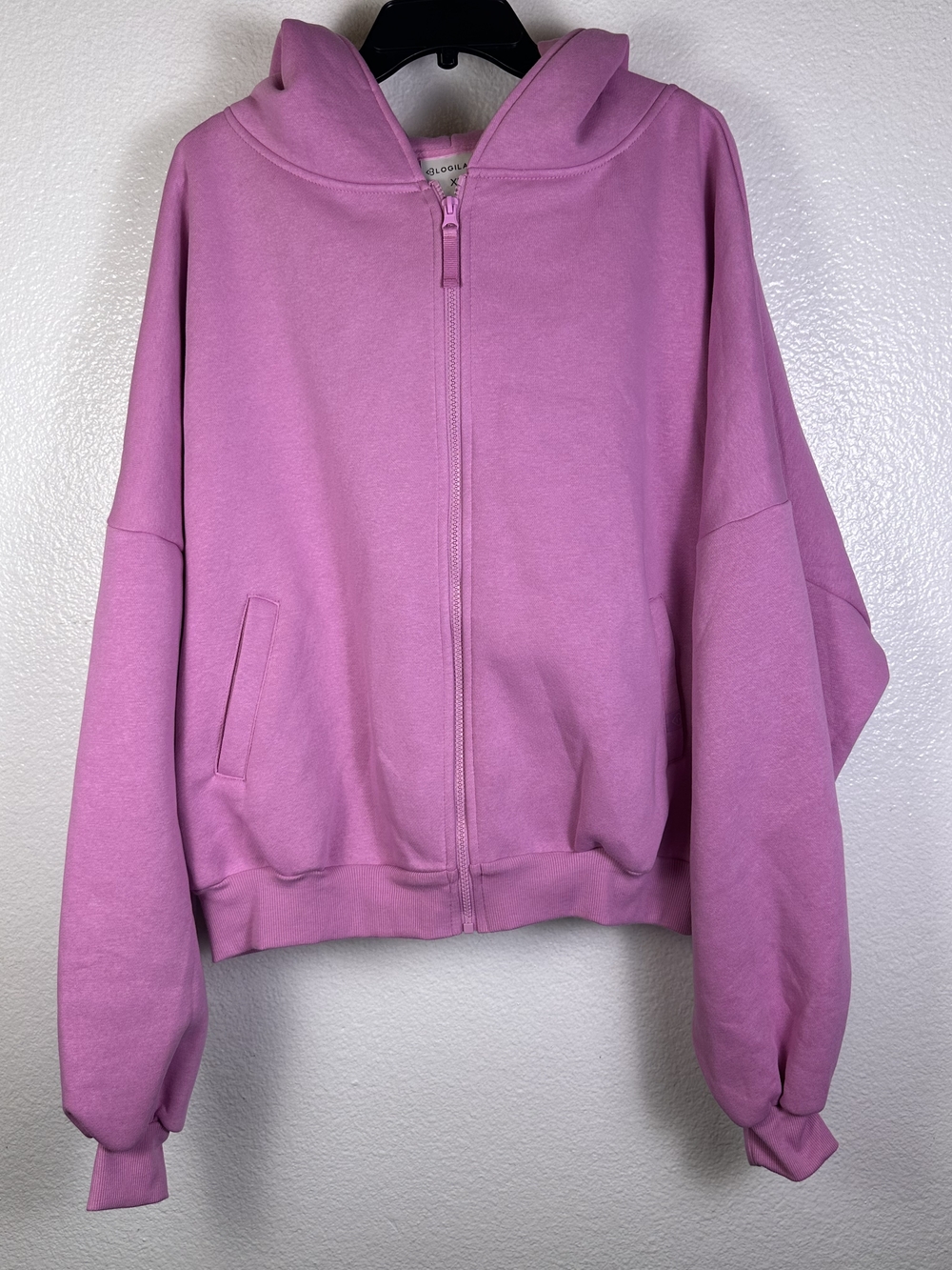 Blogilates Marshmallow Hoodie Pink‎ Zip Up Oversized Cropped Sweatshirt Sz XL